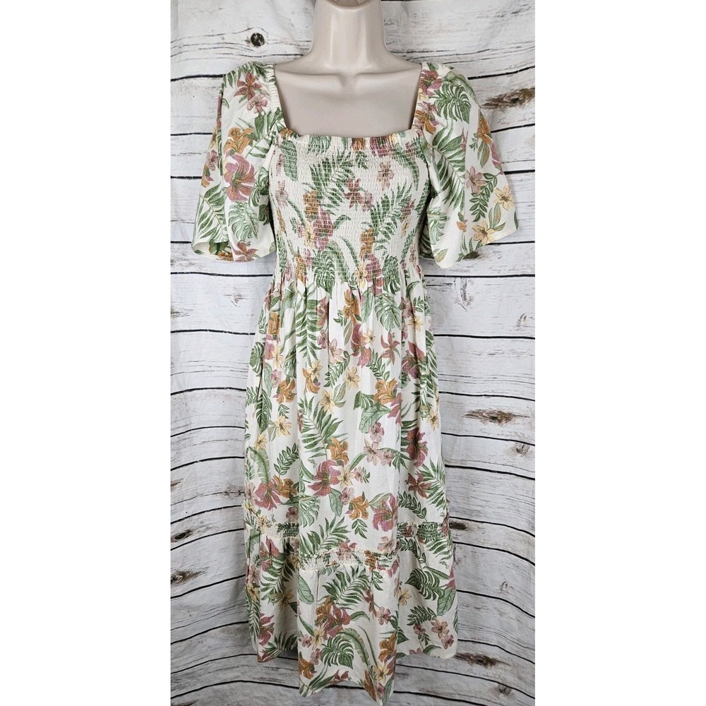 Reyn Spooner Floral Midi Dress M Hawaiian Smocked Ruffle Womens Lmtd Ed